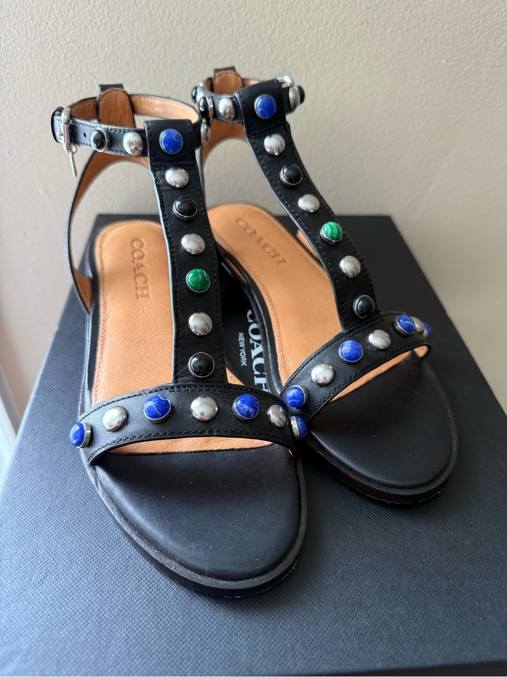 COACH Sadie Black Leather Studded T-Strap Sandals — Blue & Green Accent